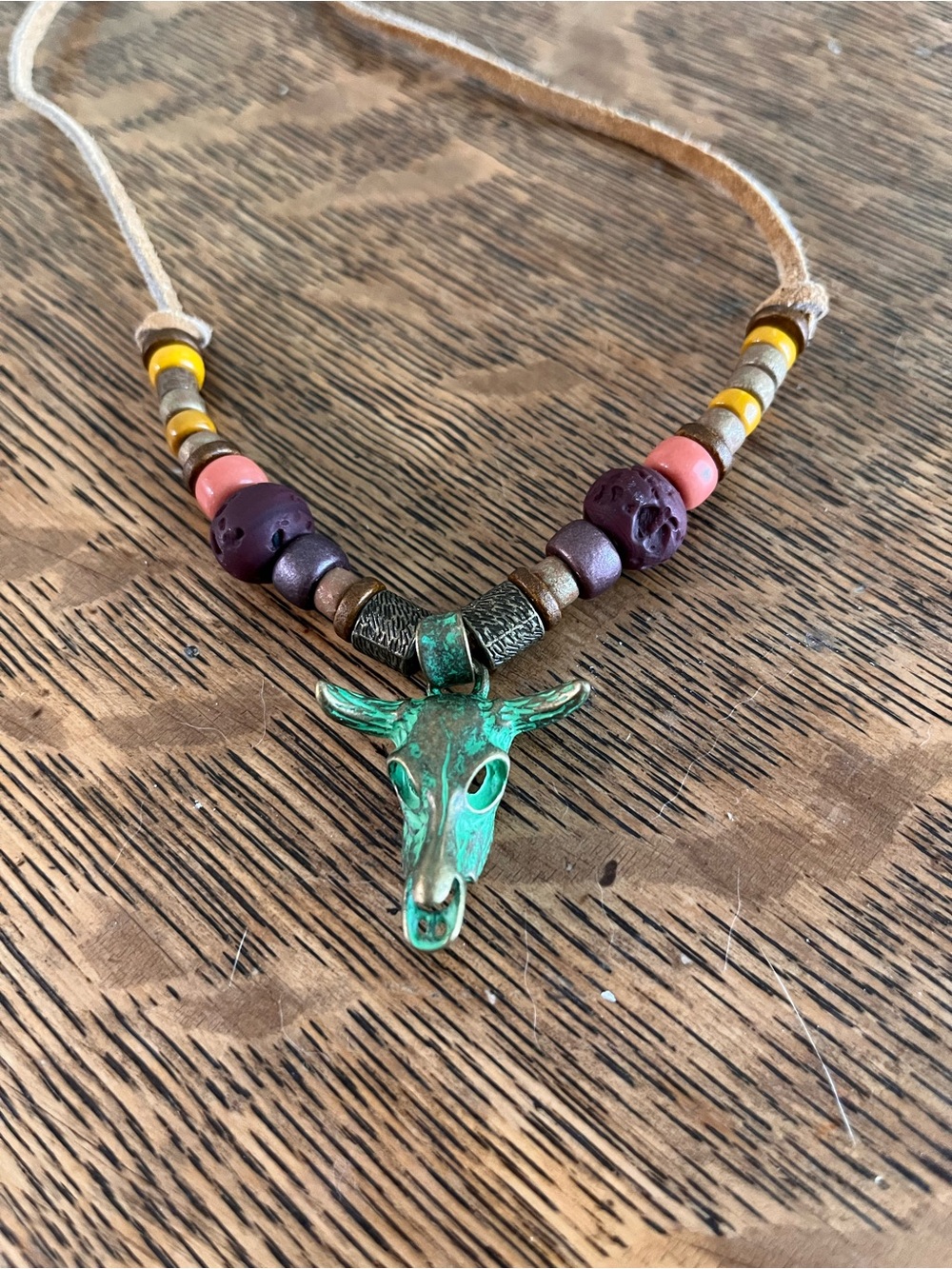 Pearly Panoply Handmade Green Patina Bull Skull Necklace with Colorful Beads